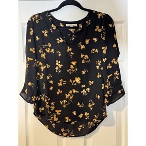 Les Serein Black Floral Blouse 3/4 Sleeve - Women's Size XS